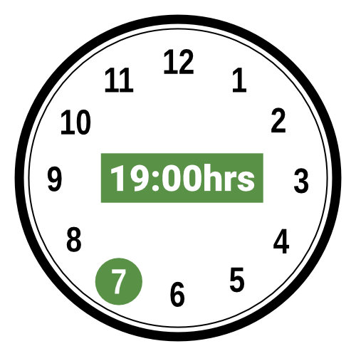 19:00 Hours Military Time Showing On An Analogue Clock